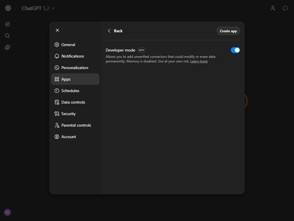 ChatGPT Developer Mode toggle